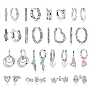 Original 925 Sterling Silver Earrings 2025 Stud Hoop Crystal Earings For Women Rose Gold Crown Heart Infinity Bee Earing Jewelry
