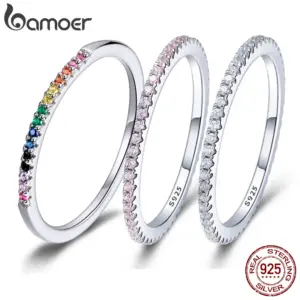 BAMOER 925 Sterling Silver Full Paved Simulated Diamond Stackable Rings, Women Gold Plated Engagement Eternity Bands Colored CZ