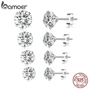 Bamoer CZ Stud Earrings 925 Sterling Silver Platinum Plated Round Cubic Zirconia Hypoallergenic Barbell Earrings 4-7mm